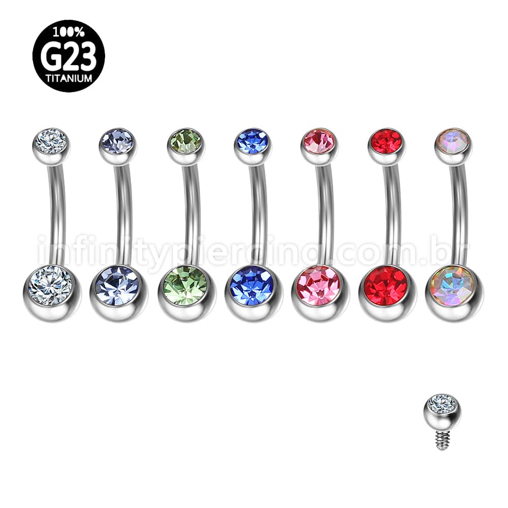 Piercing Banana Titânio 2 Pedras Strass Redonda Rosca Interna